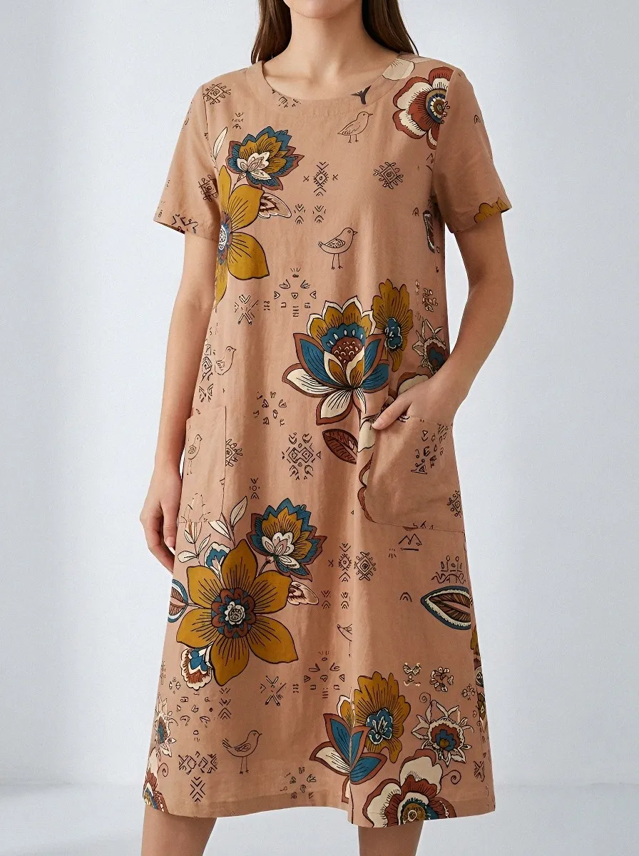 Bohemian Floral Bird Pattern Cotton Linen Dress