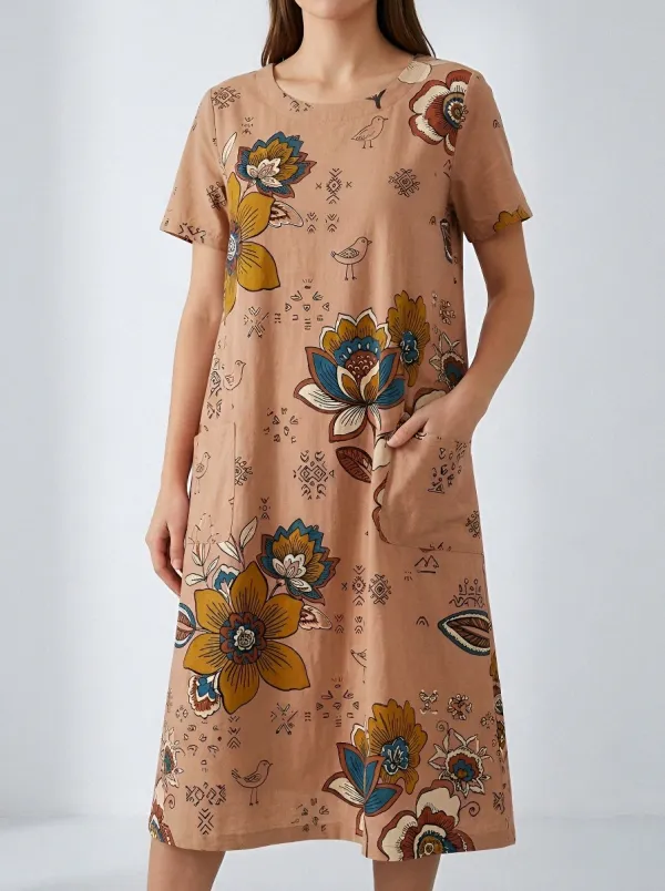 Bohemian Floral Bird Pattern Cotton Linen Dress