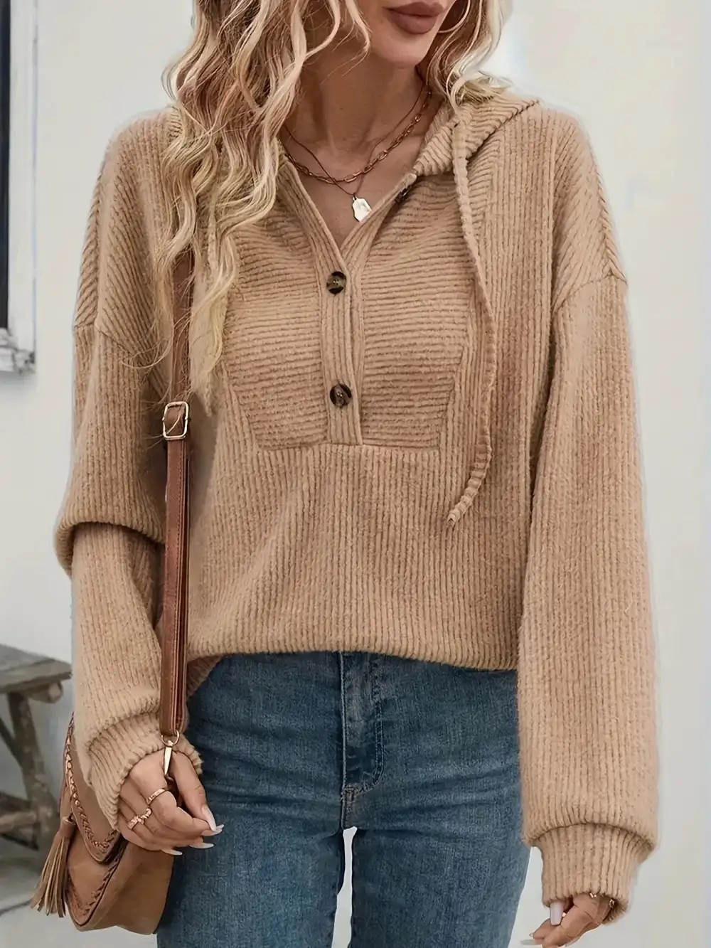Drawstring Button-Front Buttoned Ribbed Hoodie