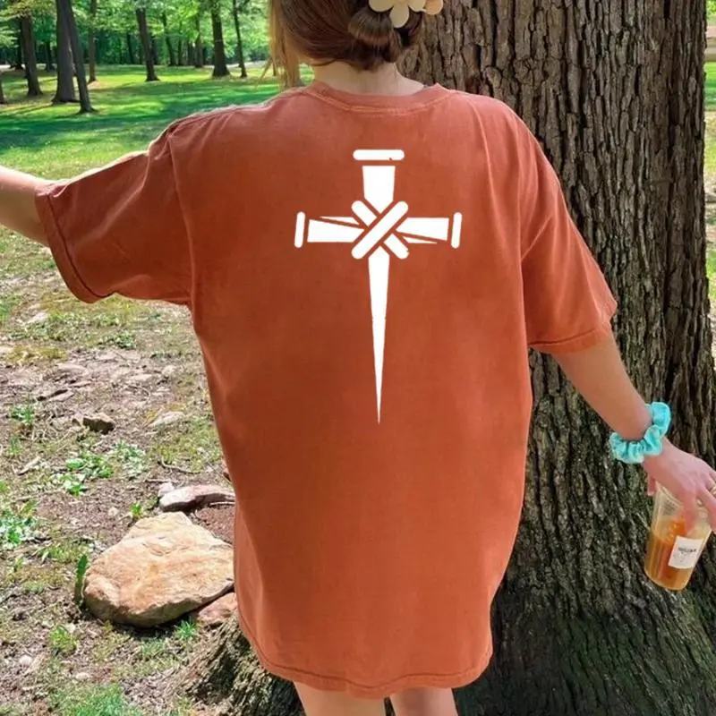Christian Minimalist Religious Cross Calvary Three Nails Women's Oversized Comfort T-Shirt Back Print