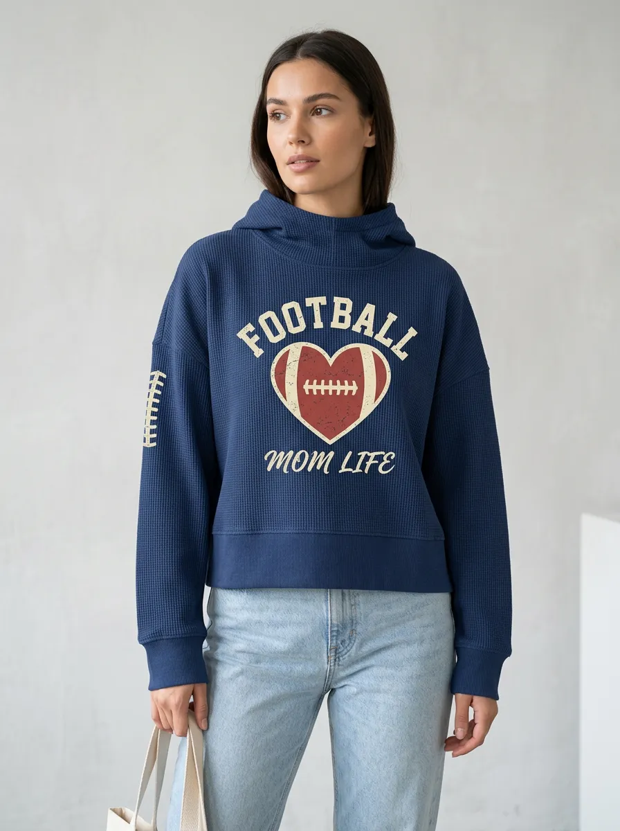 Women's Football Mom Heart Graphic Printed Waffle Hoodie
