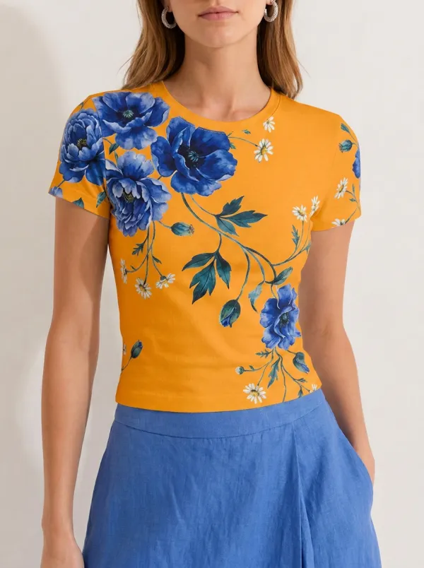 Women's Floral Lover Blue Poppy Daisy Printed T-shirt