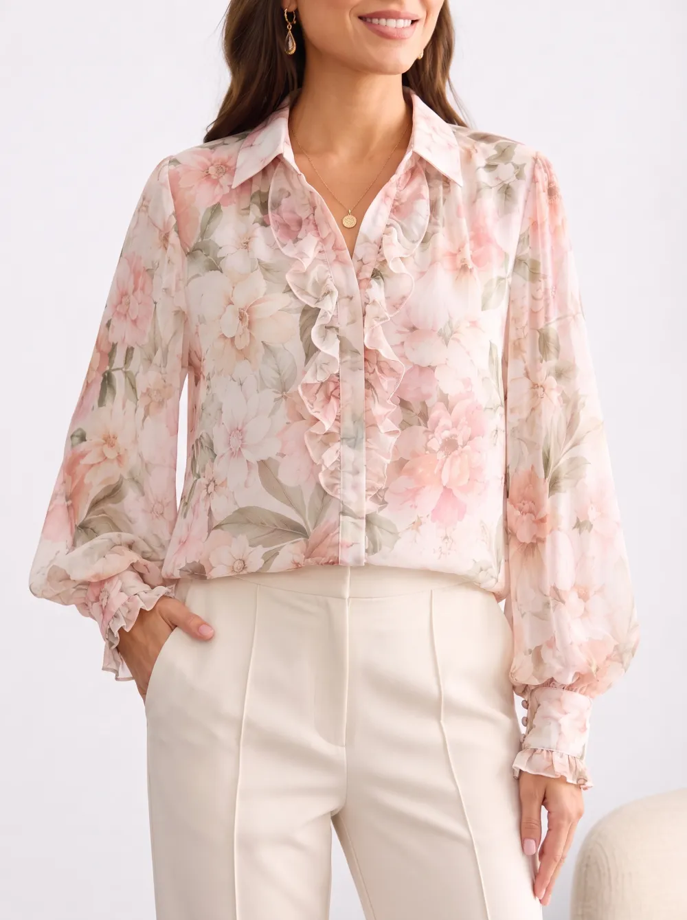 Women's Floral Ruffle V-Neck Printed Blouse