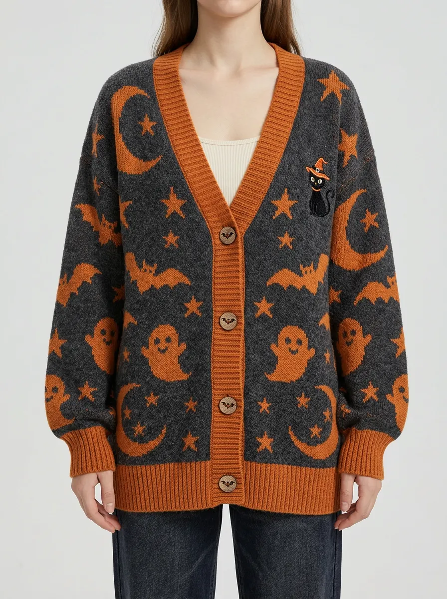 Women's Halloween Ghost Bat Cat Moon Star Patterned Knit Cardigan