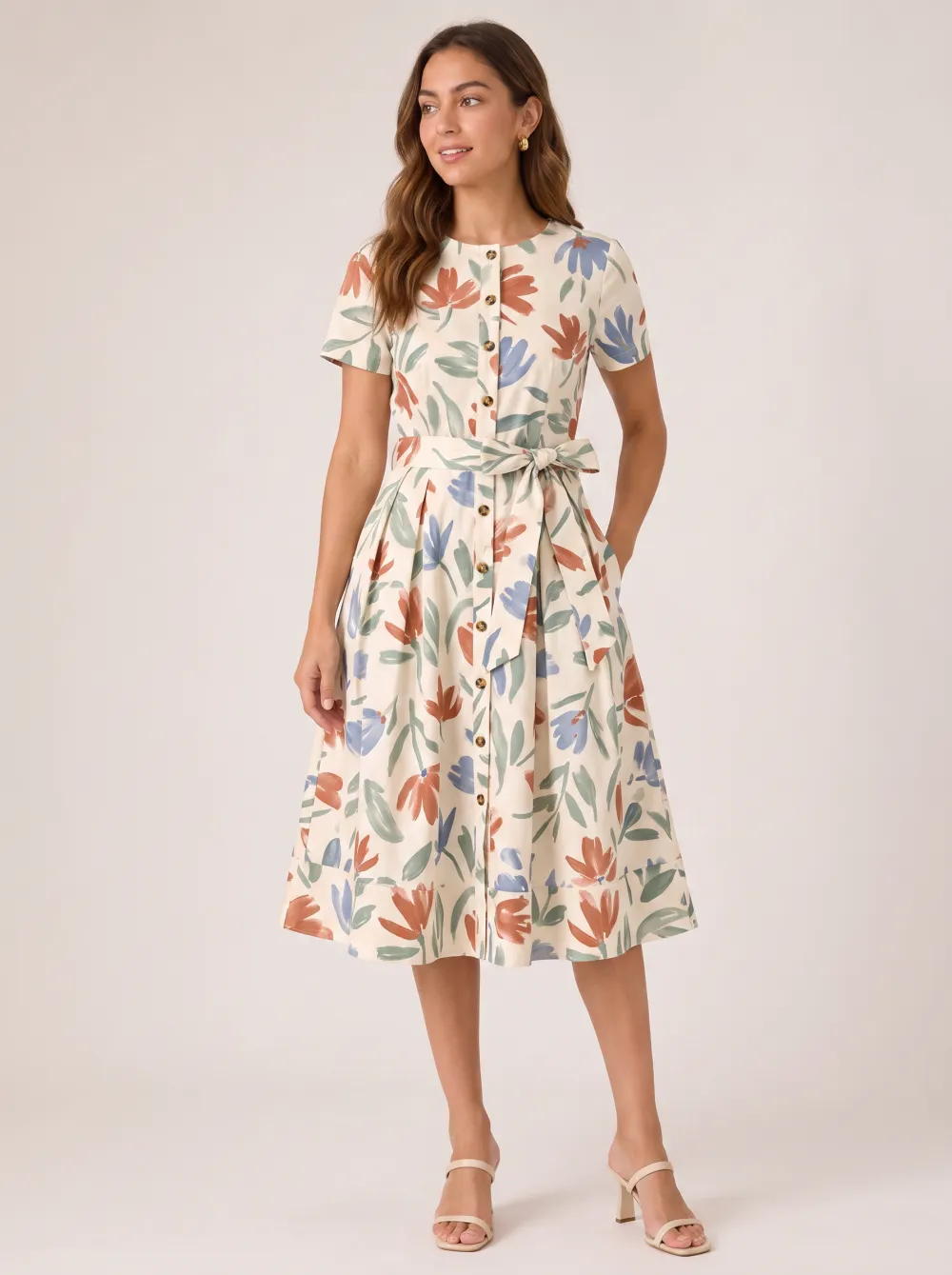 Women's Floral Botanical Art Printed Button Down Dress