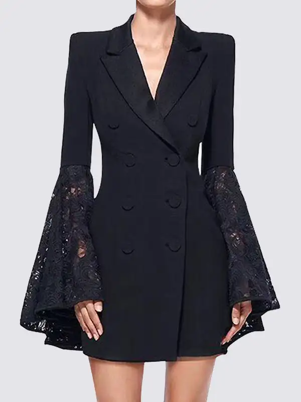 Flare Sleeve Long Asymmetric Button Front Solid Color Blazer