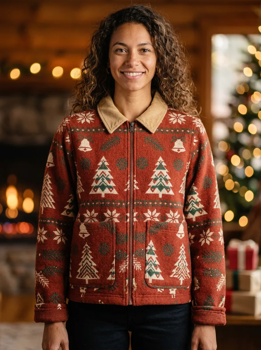 Christmas Holiday Tree Bell Pattern Print Zip-up Jacket