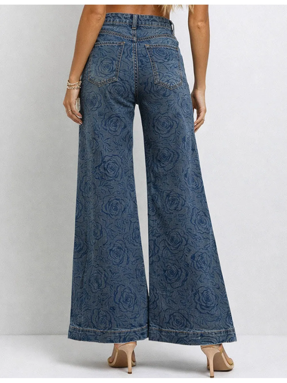 Jacquard Jeans Button Waist Wide Leg Denim Pants