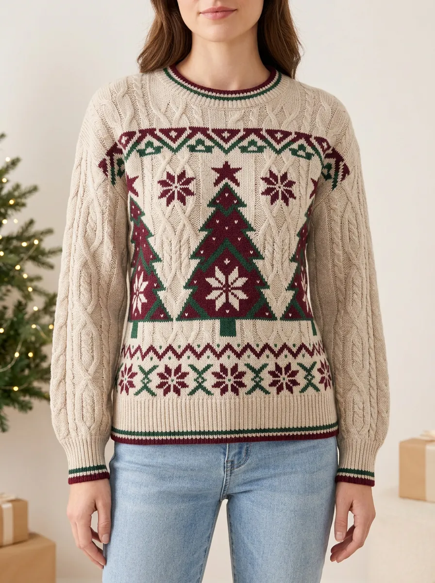 Winter Christmas Holiday Tree Snowflake Pattern Knitted Sweater