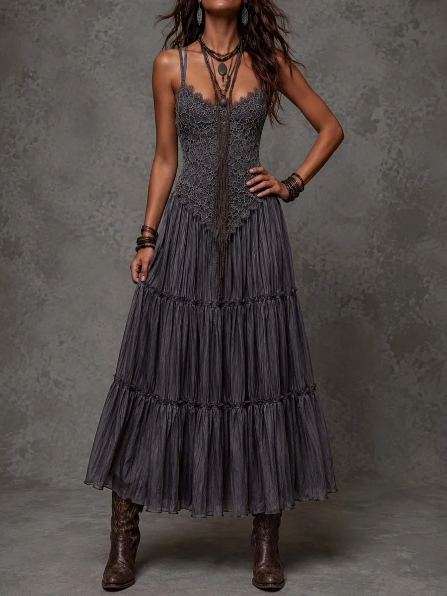Dark Gray Lace Bodice Tiered Crinkle Maxi Dress