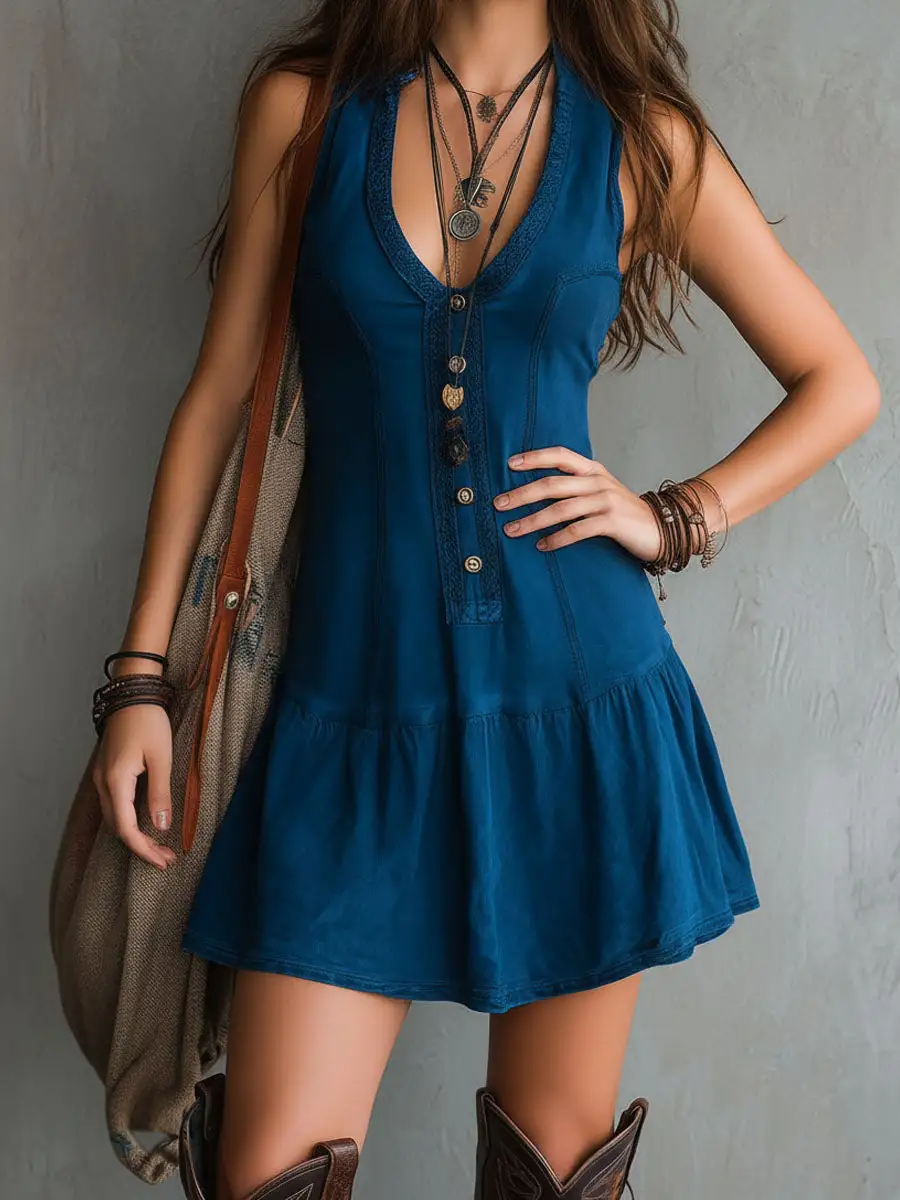 Boho Chic Indigo Embroidery Buttons Sleeveless Mini Dress