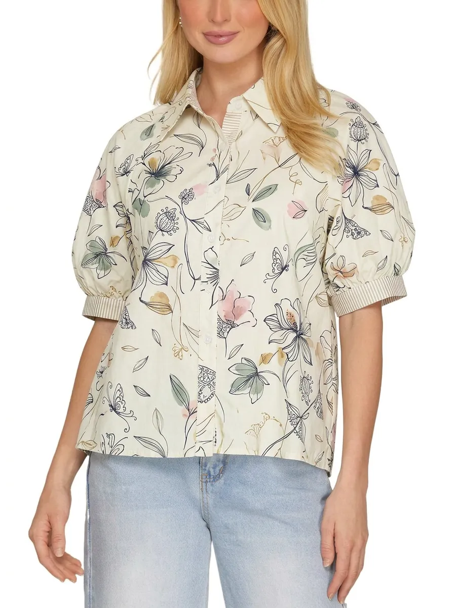 Women's Floral Butterfly Botanical Printed Puff Sleeve Shirt