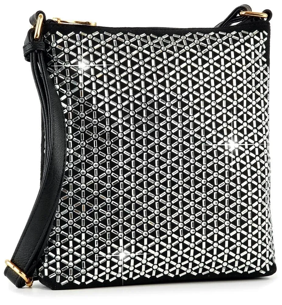 Structured Detail Crystal Accent Pocketed Faux Leather Crossbody Sling Bag