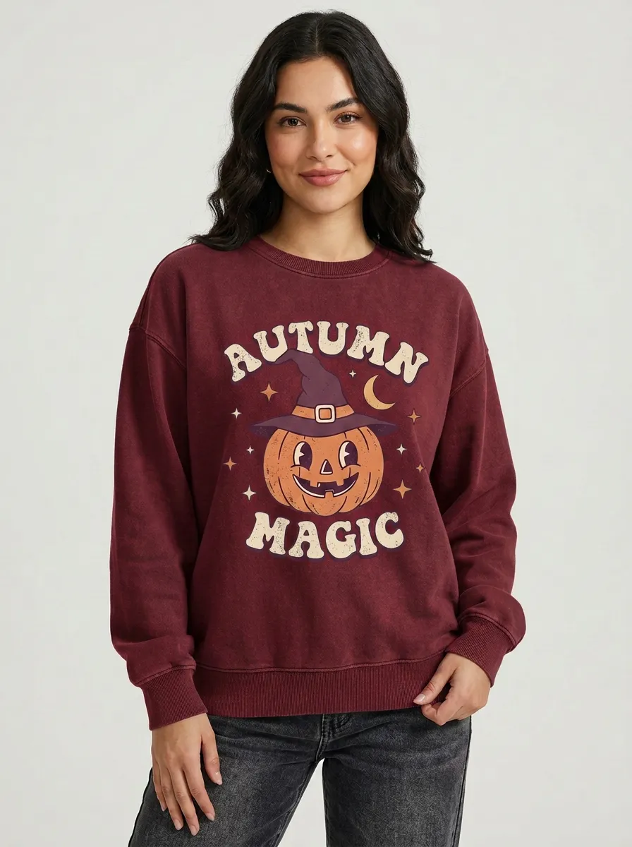 Women's Halloween Autumn Magic Pumpkin Witch Hat Printed Sweatshirt