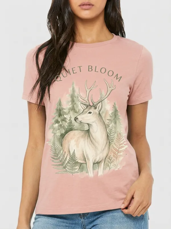 Women's Nature Lover Quiet Bloom Deer Forest Printed T-shirt