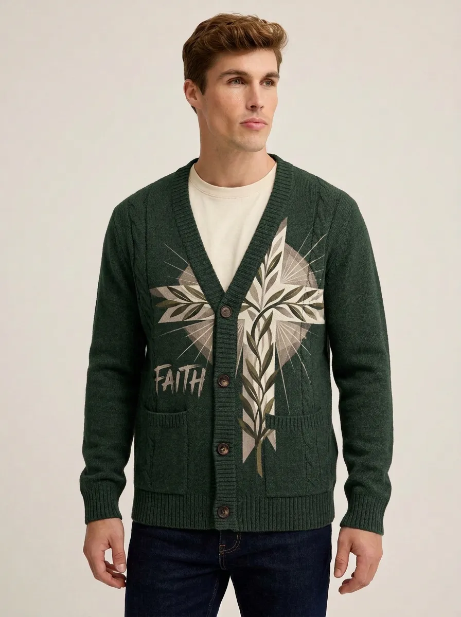 Men's Christian Faith Cross Floral Printed Cardigan