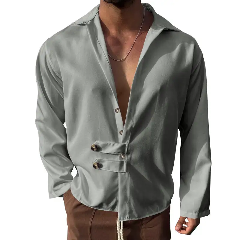 Men's Modern Long-sleeved Shirt With Deep Neckline And Asymmetrical Strap Look