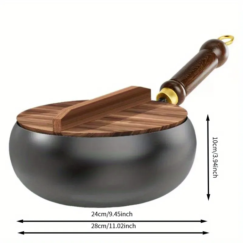 Durable Cast Aluminum Wok with Wooden Handle, Kitchen Essential for Stir-Frying and Simmering