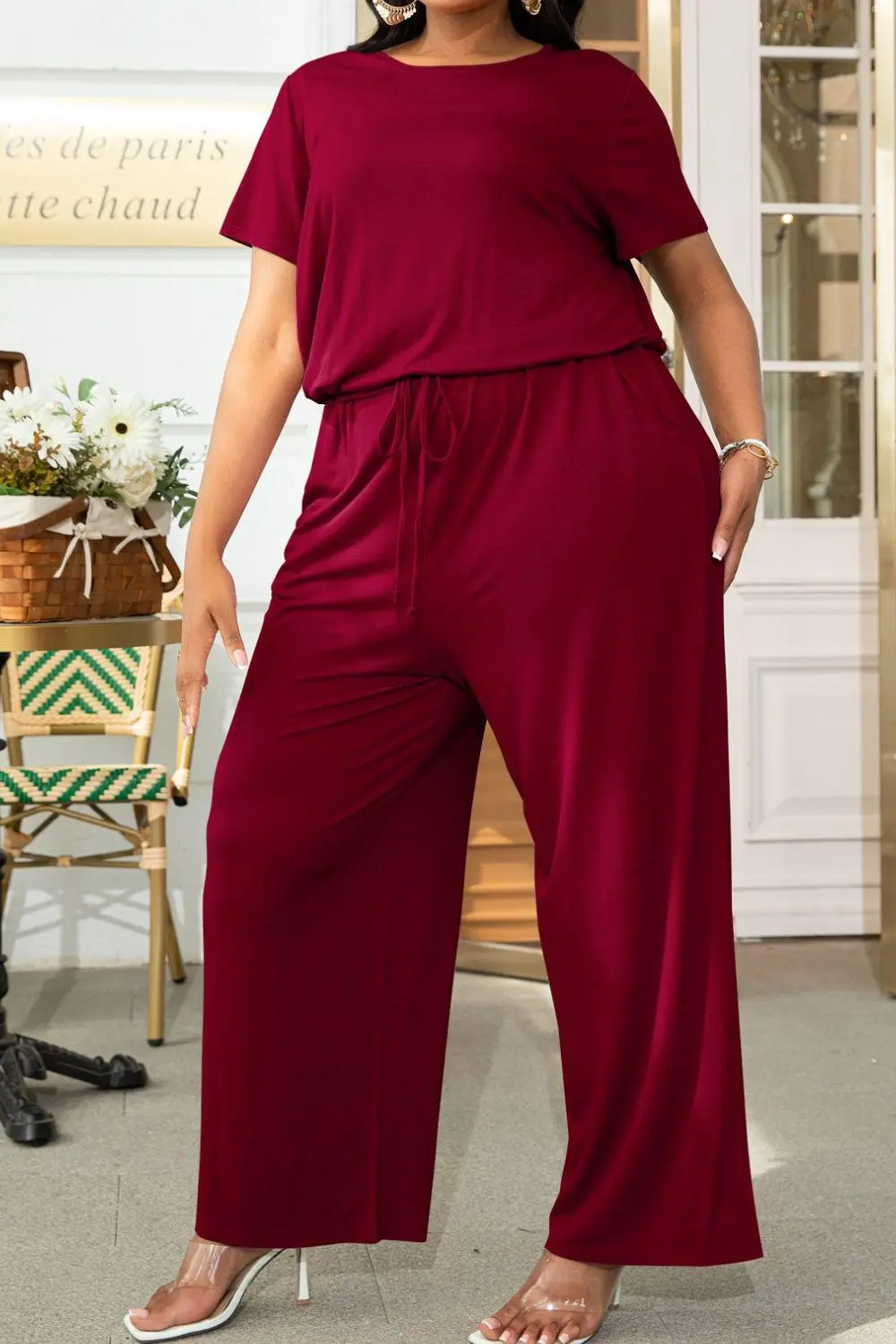 Plus Size Drawstring Waist Short Sleeve Shorts