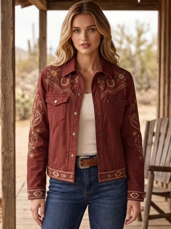 Women's Classic Western Cowgirl Horseshoe Horse Floral Embroidery Floral Denim Jacket
