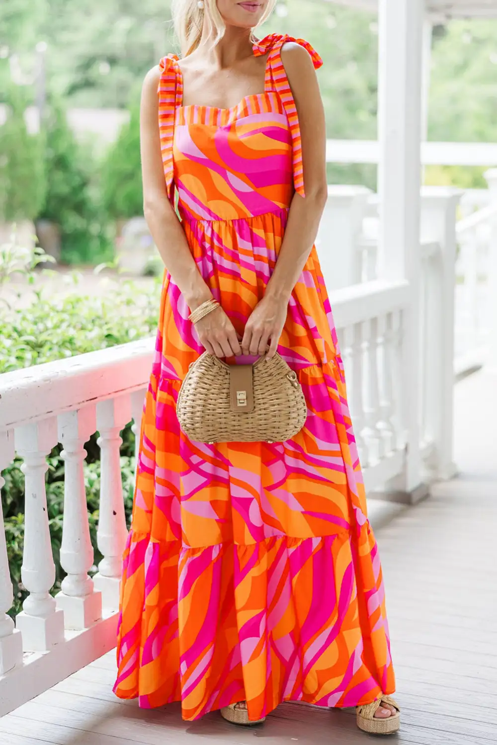 Abstract Print Knotted Shoulder High Waist Maxi Dress