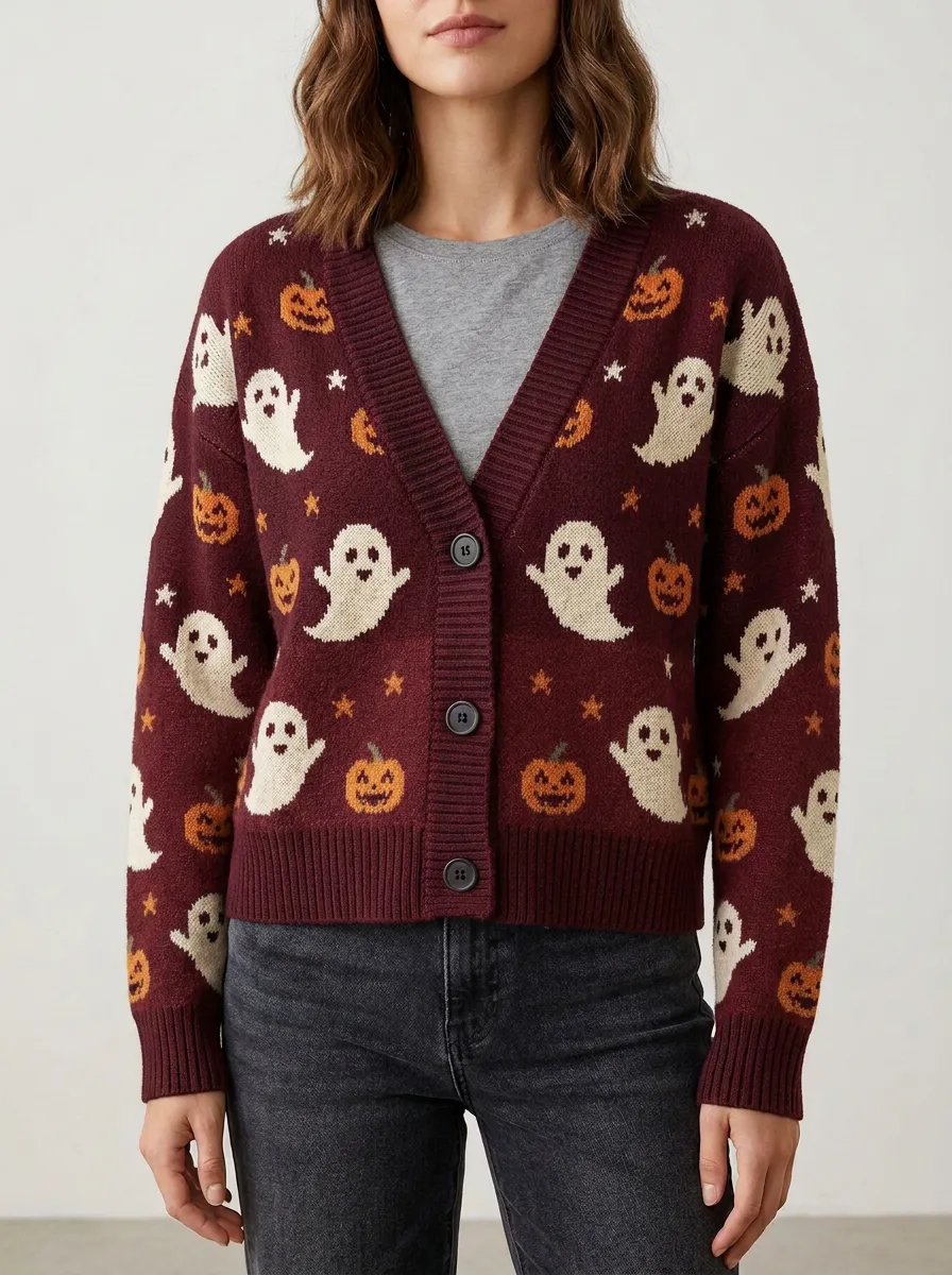 Women's Playful Ghost Pumpkin Halloween Knit Cardigan