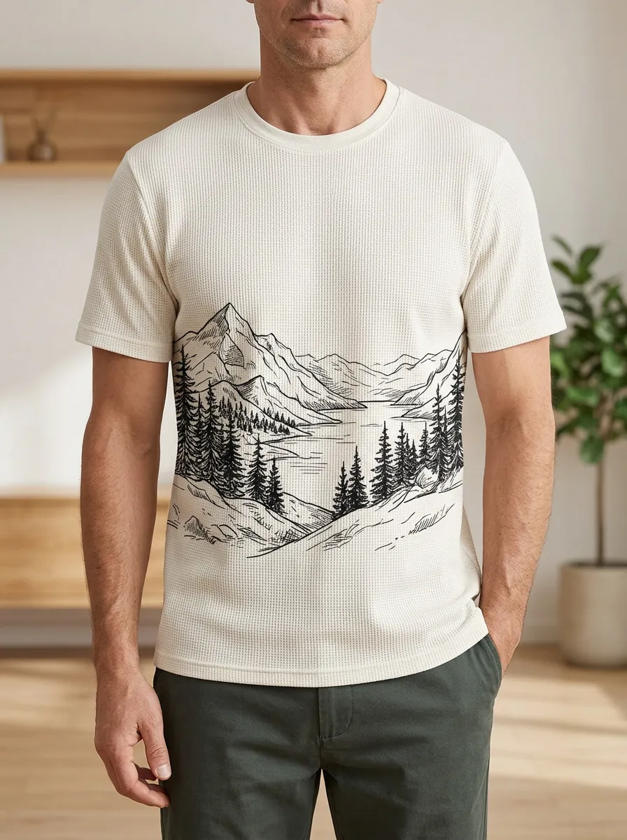 Men's Nature Adventure Mountain Forest Sketch Crew Neck T-Shirt