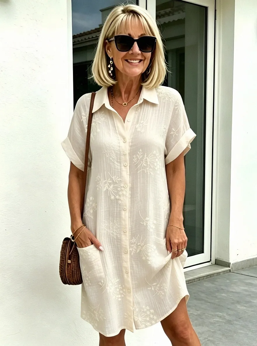 Women's Summer Vacation White Floral Printed Button-Down Shirt Dress
