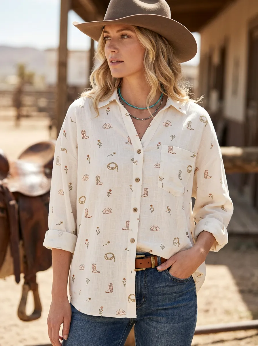 Women's Western Cowboy Boot Lasso Sun Printed Cotton Linen Shirt