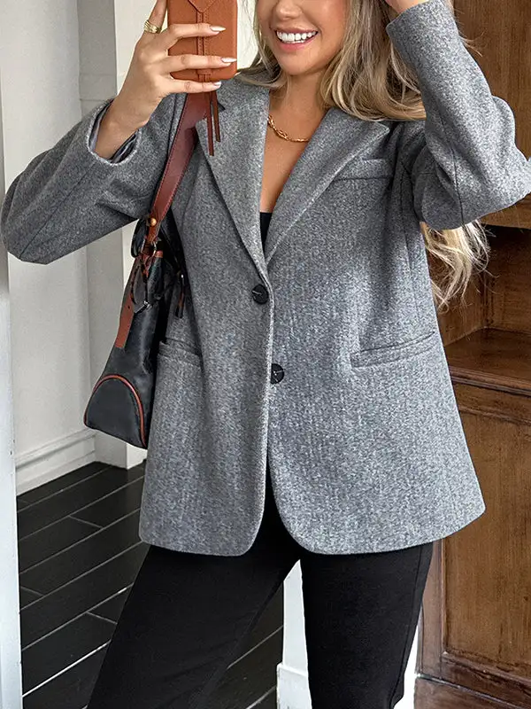 Long Sleeve Button Front Pocket Solid Color Notched Jacket