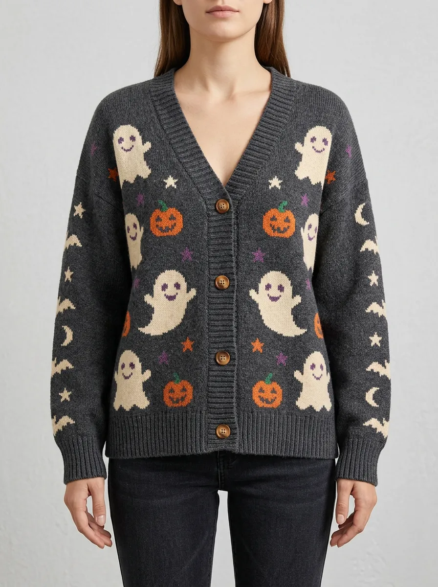 Women's Cozy Ghost Pumpkin Halloween Knit Cardigan
