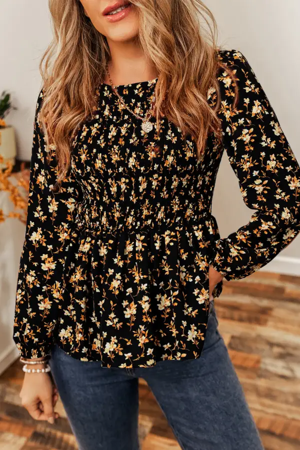 Softly Styled Floral Ruffled Smocked Blouse