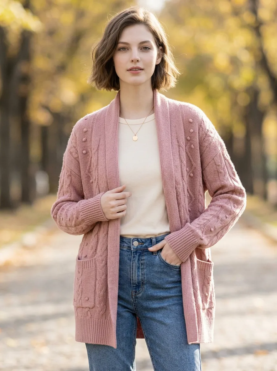 Women's Pink Cable Knit Bobble Patterned Cardigan