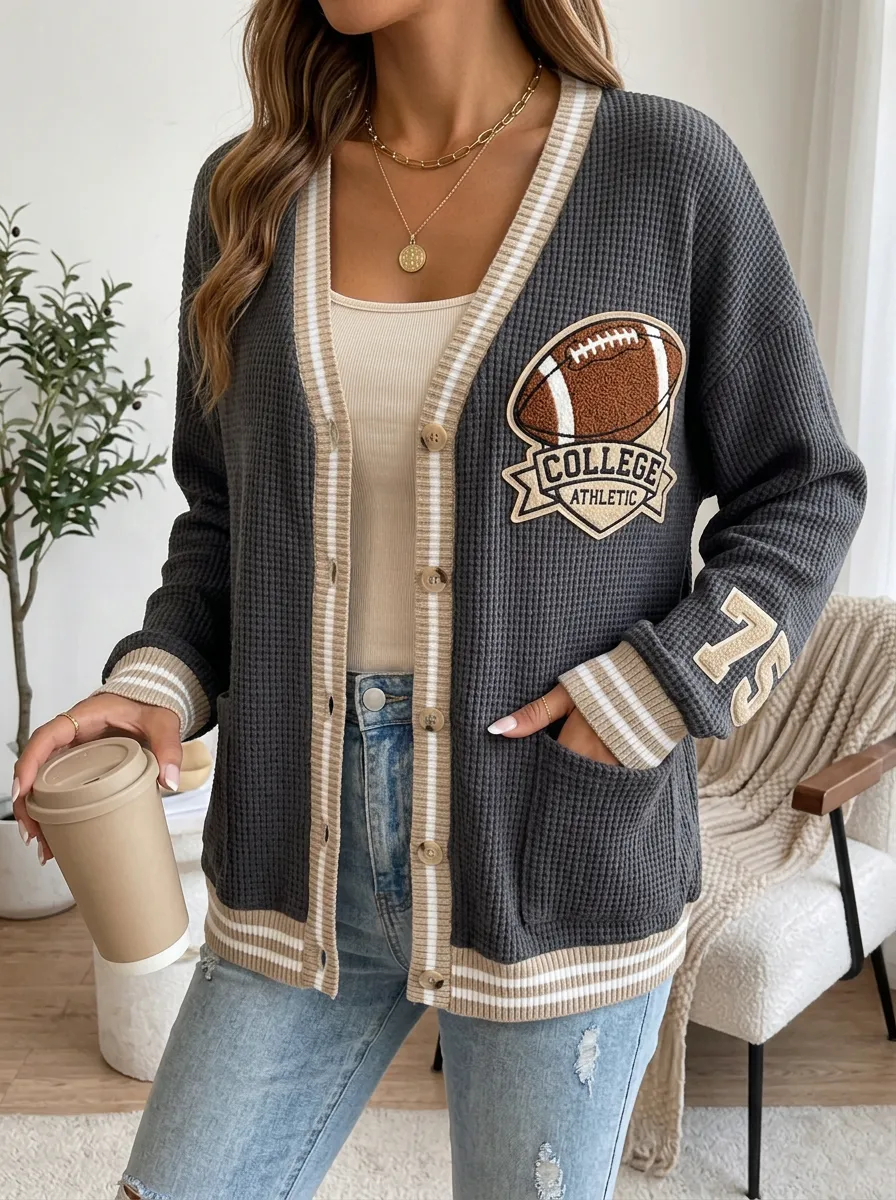 Women's College Football Fan Waffle Knit Patchwork Cardigan