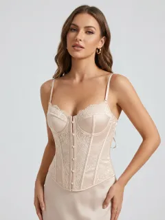 Lace-Trim Satin-Look Button-Front Elegant Women's Corset Top