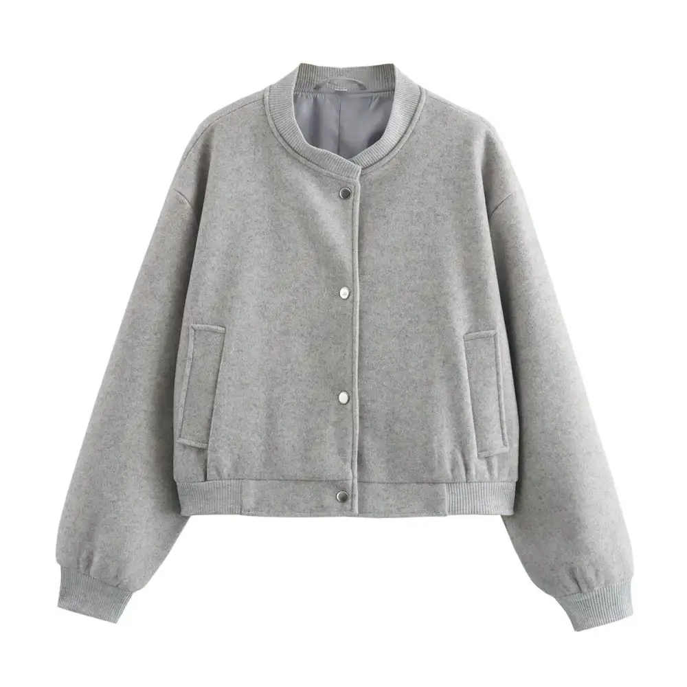 Cropped Velvet Touch Snap Front Ribbed Trim Bomber Jacket