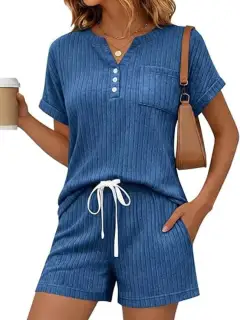 Drawstring Pocketed Ribbed Tee and Shorts Matching Set