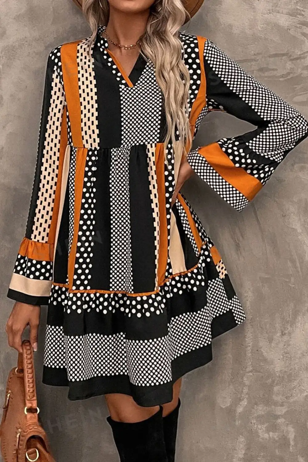 Polka Dot Striped Ruffle Trim Mini Dress