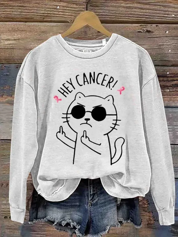 Funny Cat Breast Cancer Awareness Art Vintage Print Casual Sweatshirt