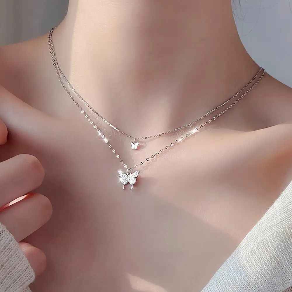 Double Layered Butterfly Pendant Necklace Rhinestones