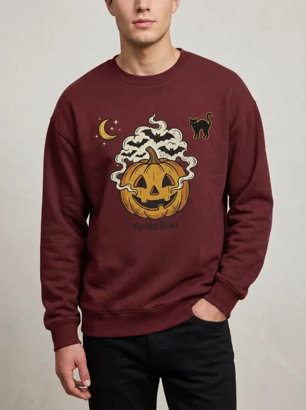 Men's Halloween Spooky Vibes Pumpkin Cat Moon Sweatshirt
