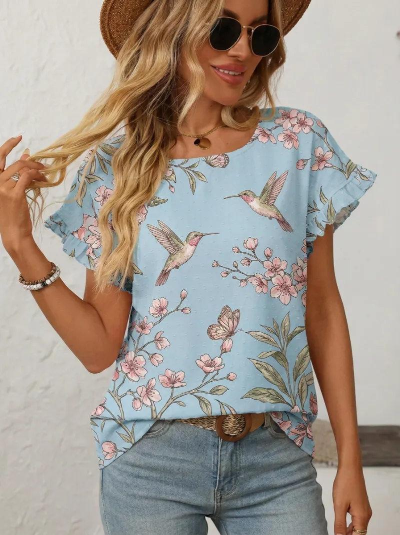 Hummingbird Cherry Blossom Floral Women's Loose Printed T-Shirt