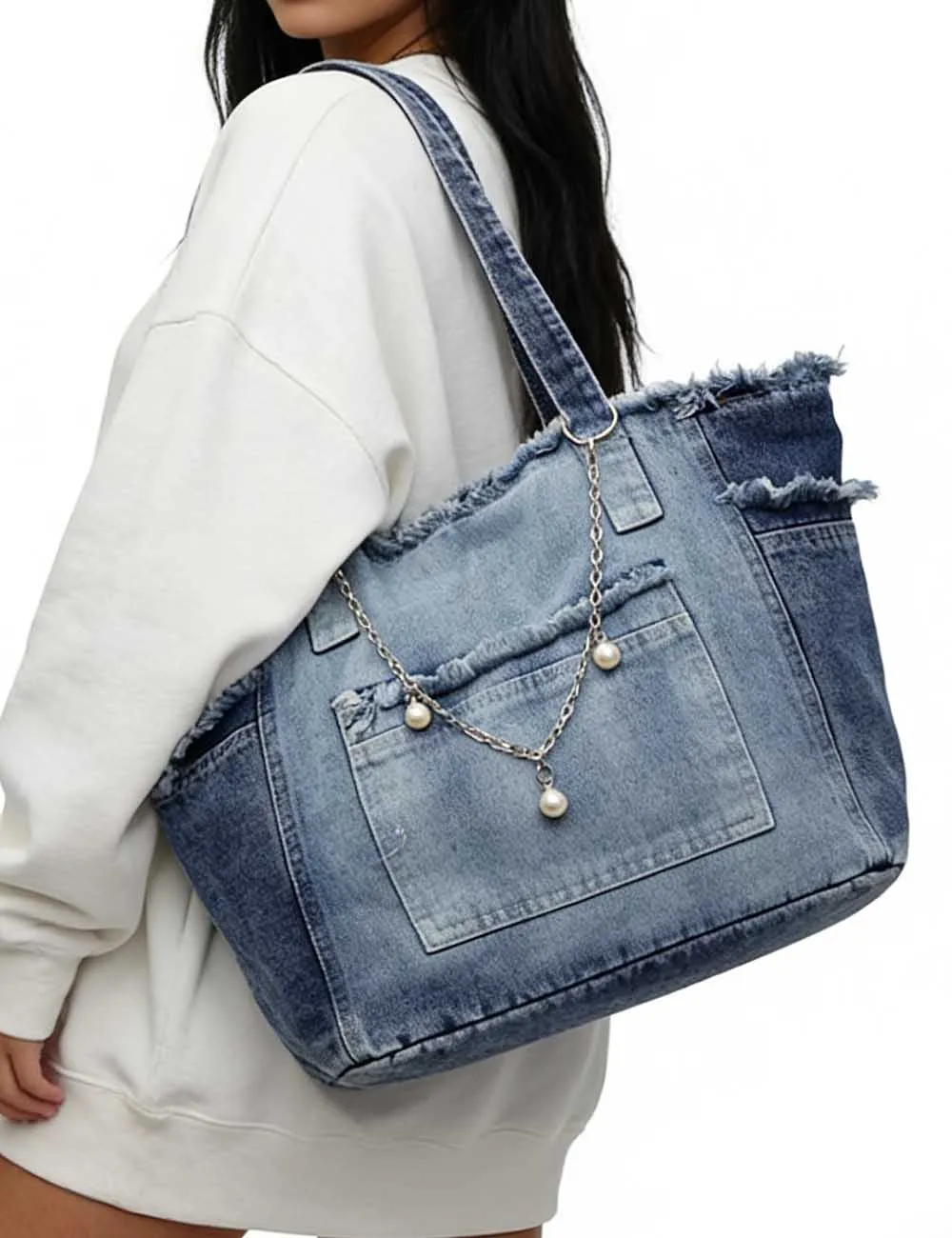 Large Capacity Frayed Denim Tote Bag