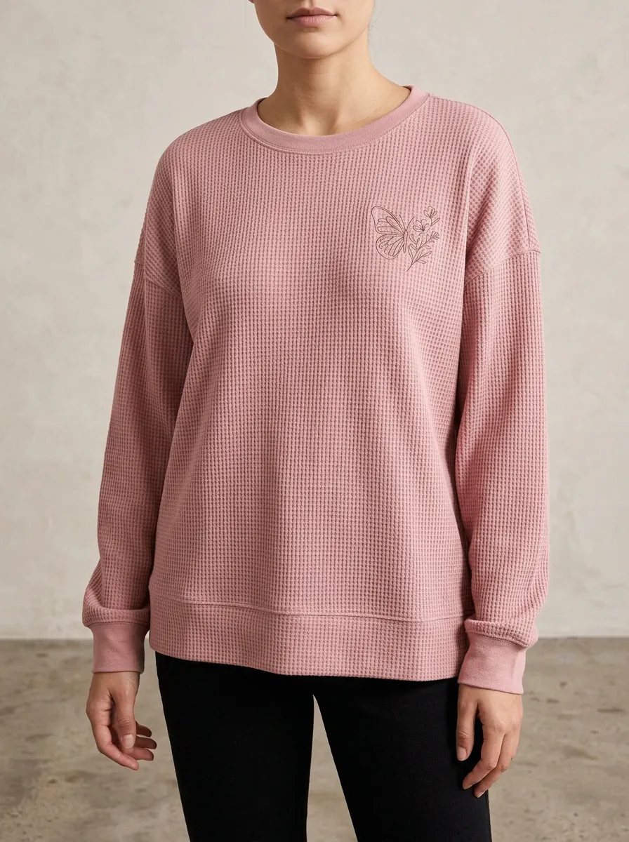 Women's Butterfly Floral Pink Waffle Knit Printed Sweatshirt