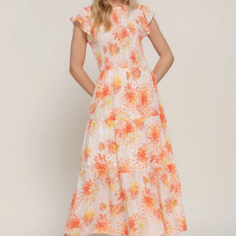 Ruffl Sleeve Smocked Floral Print Dress