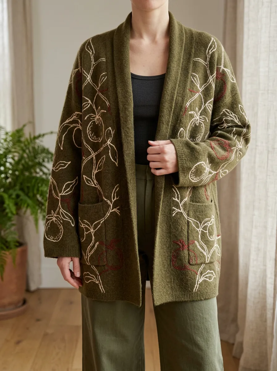 Women's Botanical Nature Lover Pomegranate Embroidered Printed Cardigan