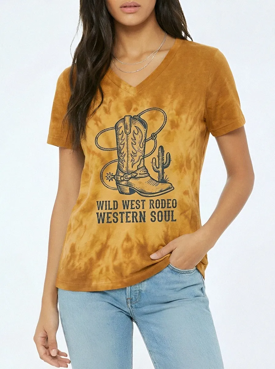 Women's Western Rodeo Cowboy Boot Cactus Printed Tie-Dye V-Neck T-Shirt