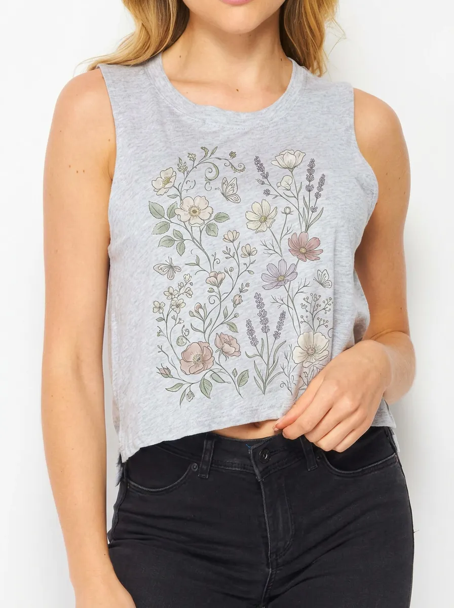 Women's Botanical Nature Lover Wildflower Butterfly Printed Crop Tank Top