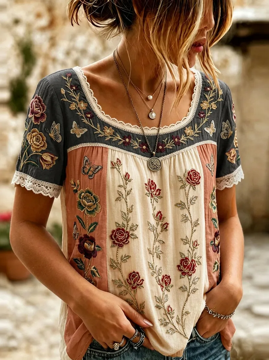 Women's Floral Butterfly Bohemian Embroidered Short Sleeve T-shirt