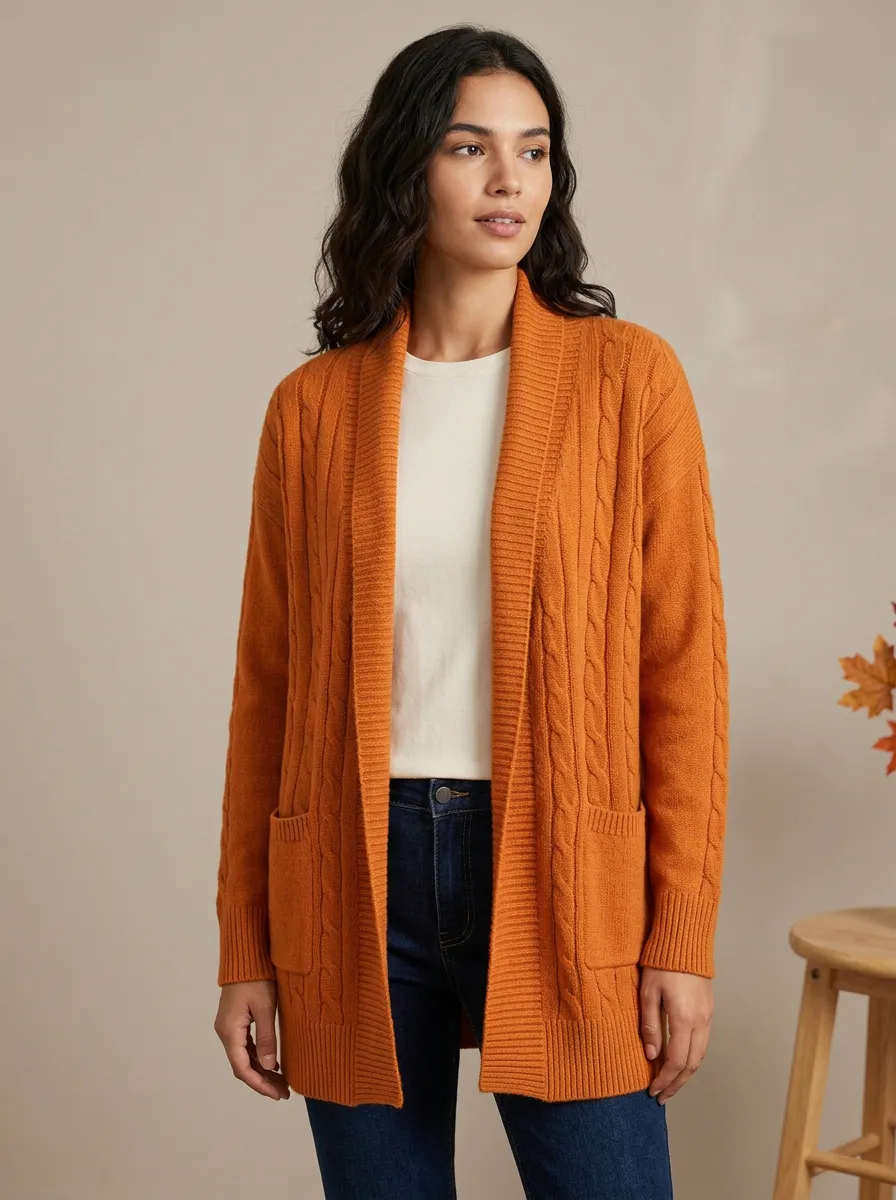 Classic Cable-Knit Open-Front Knit Cardigan